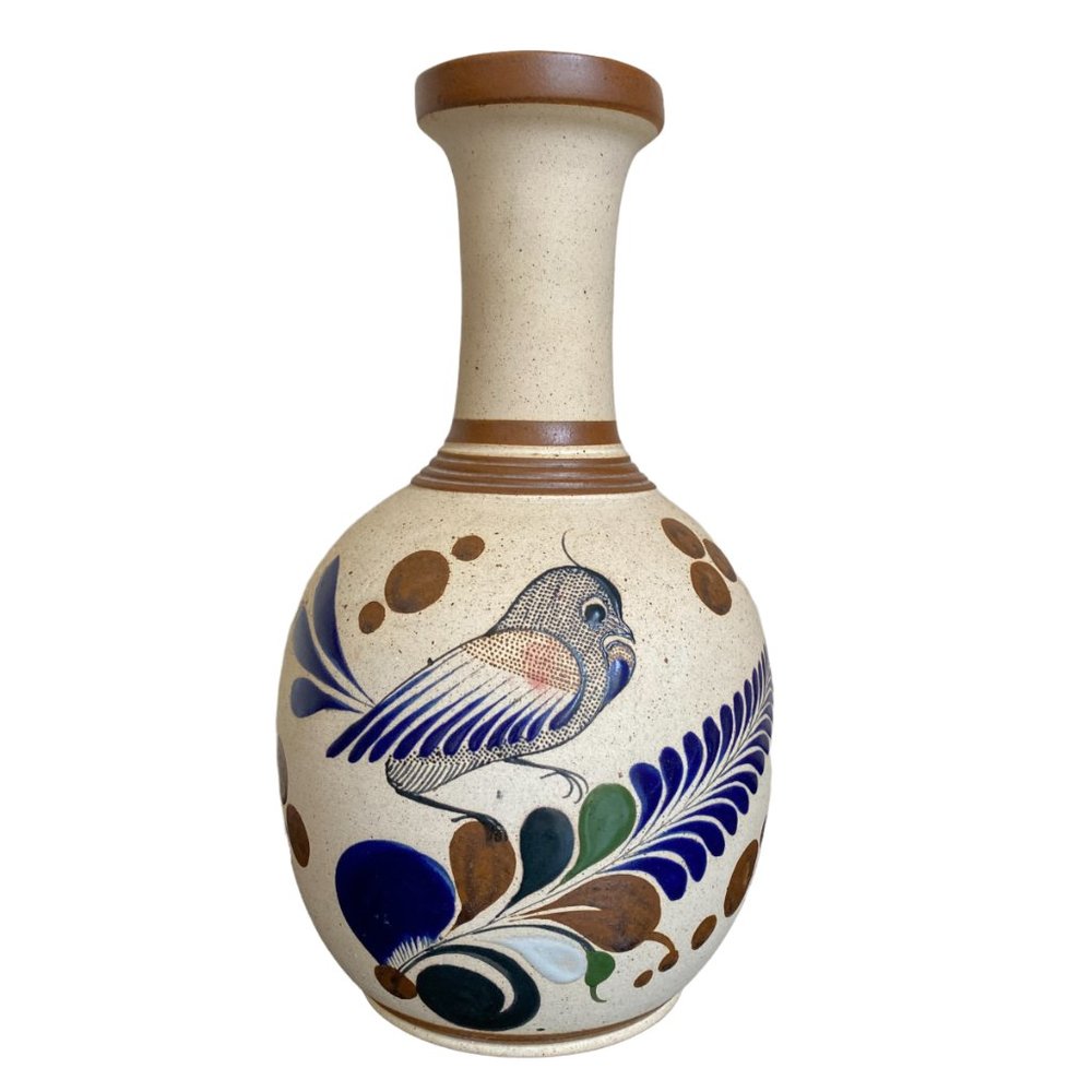 Vintage Tonala Folk Art Mexican Hand Painted Vase Bird Southwestern Pottery 13"